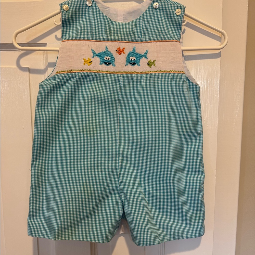 Blue Checkered Baby Romper with Shark Smock Detail